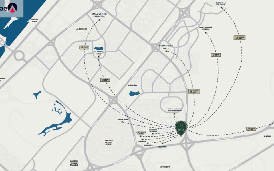 The distance between Burj Ben Ghati Hills and important areas of Dubai
