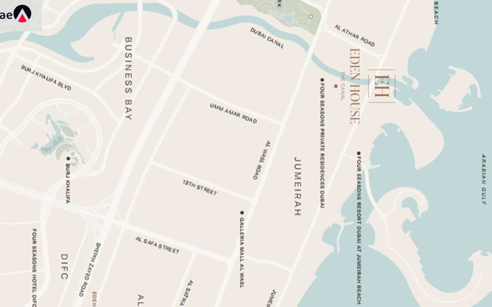 The distance between Eden House apartments and important areas of Dubai