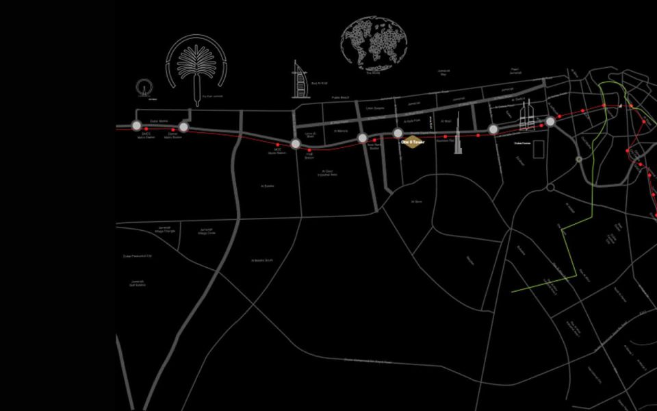 The distance from One Million Tower to key areas of Dubai.