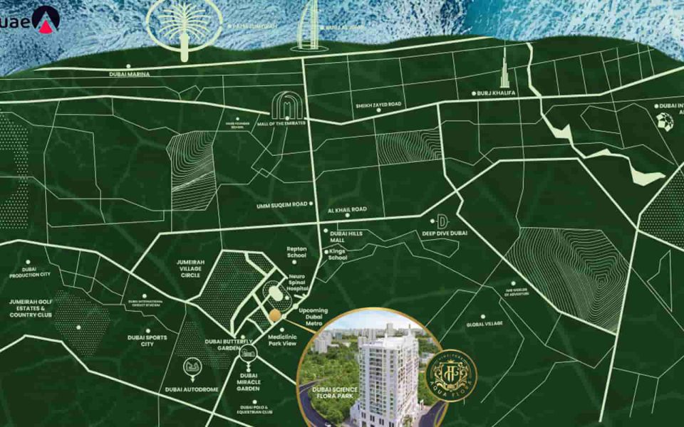 Distance of Aqua Flora Apartments from Winstore Development to important areas of Dubai