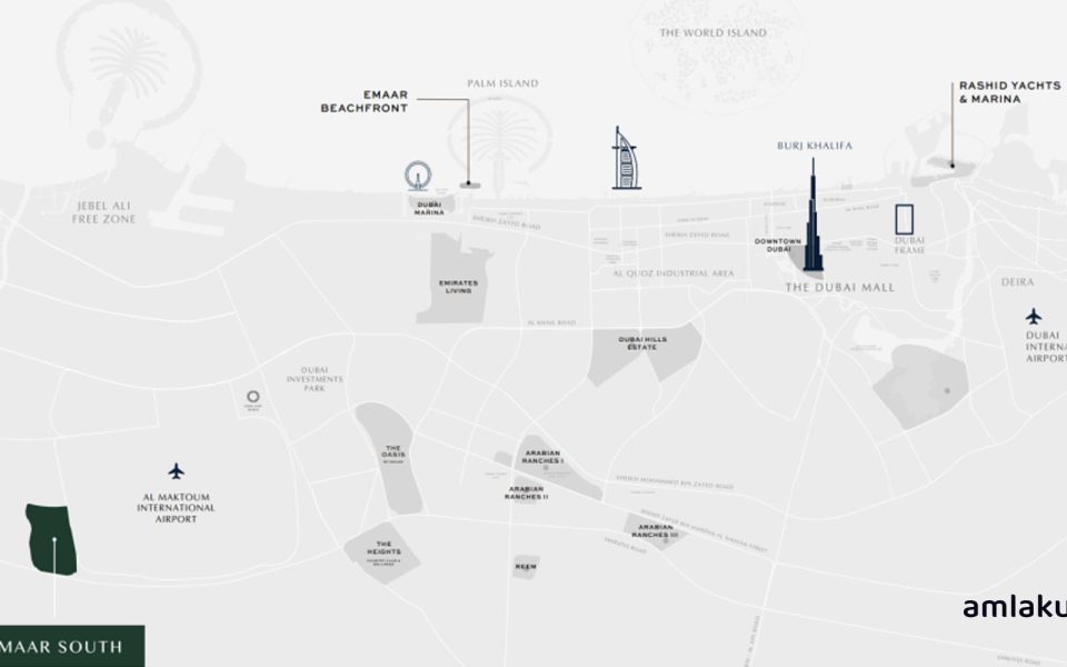 Location of Golf Lane villas and their distance to important areas of Dubai