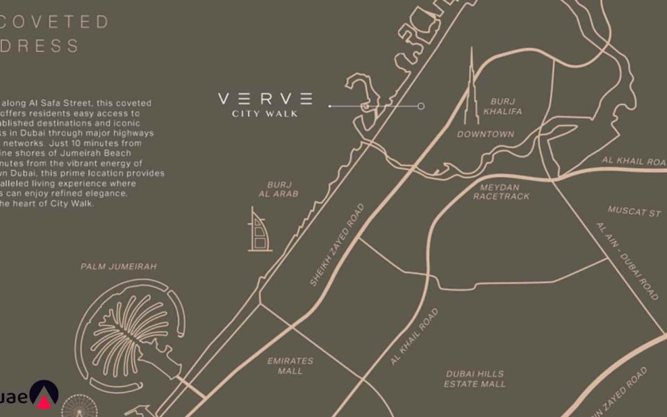 City Walk in Dubai and its distance to key areas in Dubai.