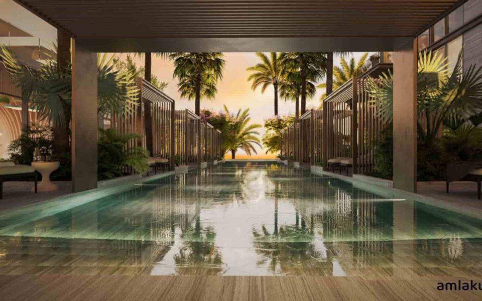 Swimming pool amenities in the Berkeley Apartments project by Soho Properties in Dubai.