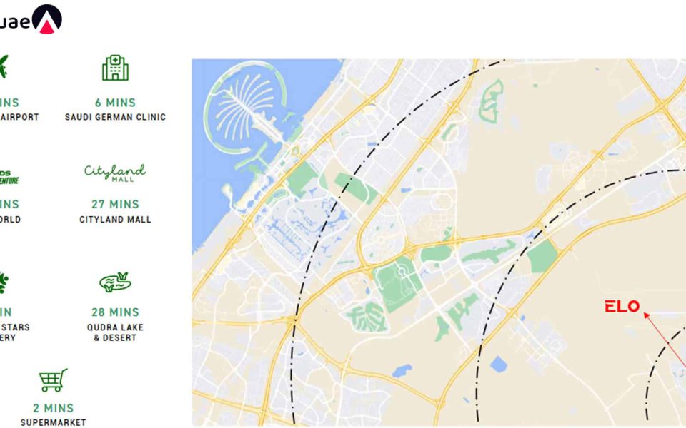 موقعیت مکانی پروژه اِلو داماک در منطقه داماک هیلز دو و فاصله آن با مناطق مهم دبی - amlakuae