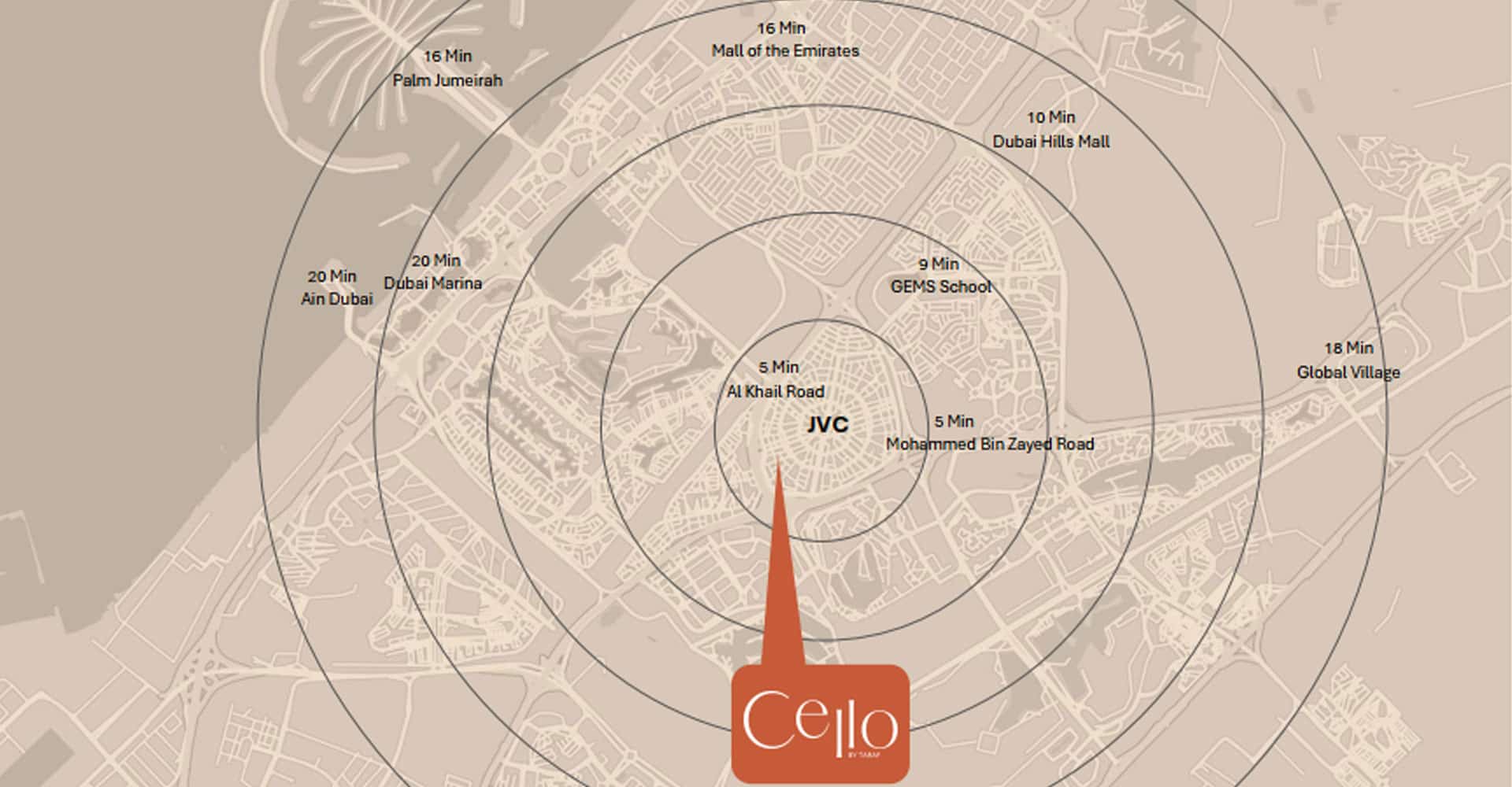 Location of the Selo Apartments project in the family-friendly and amenity-rich area of Jumeirah Village Circle, Dubai - Emirates Real Estate Group