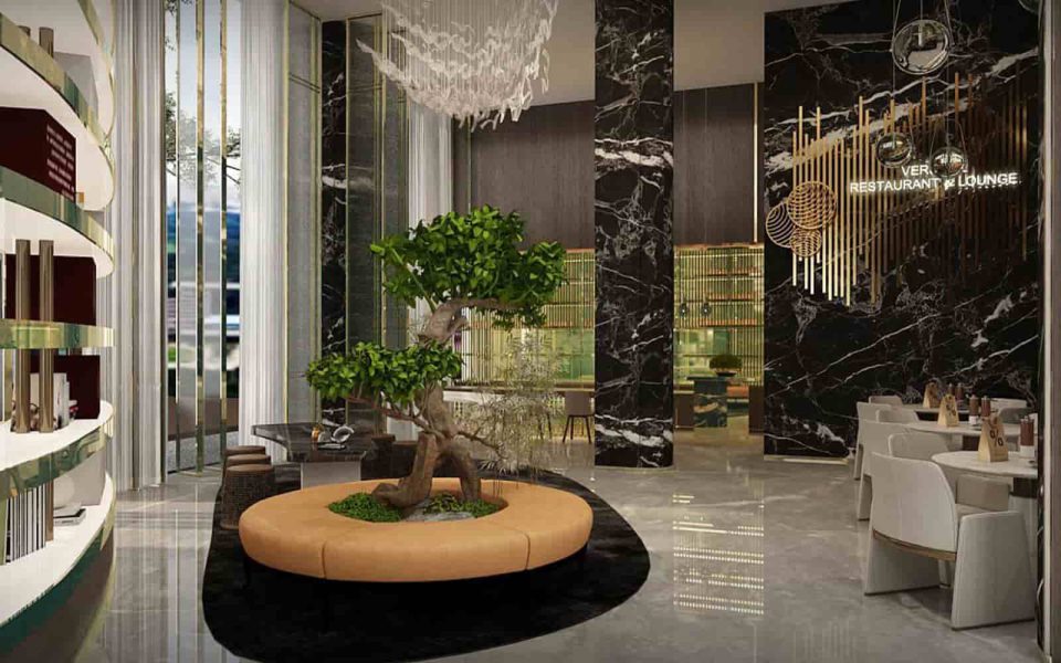 A view of the lobby of the Sky Suites apartment - Emirates Real Estate Group.