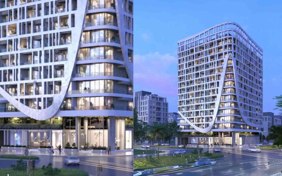 The beautiful Sky Suites tower in the Jumeirah Village Circle area of Dubai for property purchase in Dubai from the real estate consultancy group Amlakuae.