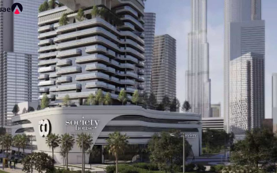 The stunning facade of Society House apartments in Downtown Dubai - Emirates Real Estate Consultancy Group.