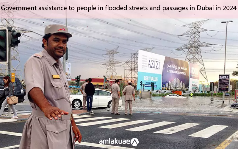 Government assistance to people in flooded streets and passages in Dubai in 2024