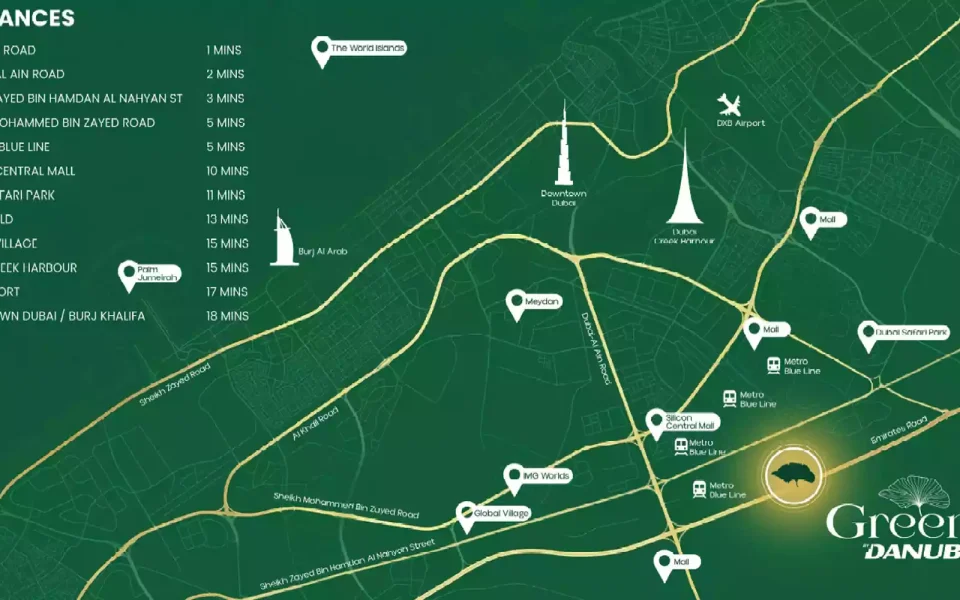Location of Greens by Danube project on the map - Dubai Silicon Oasis