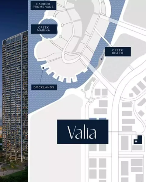 Exact location of Walia apartment project by Emaar in Dubai Creek Harbour