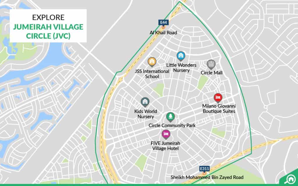 فاصله شهرک جی وی سی با مناطق مهم دبی